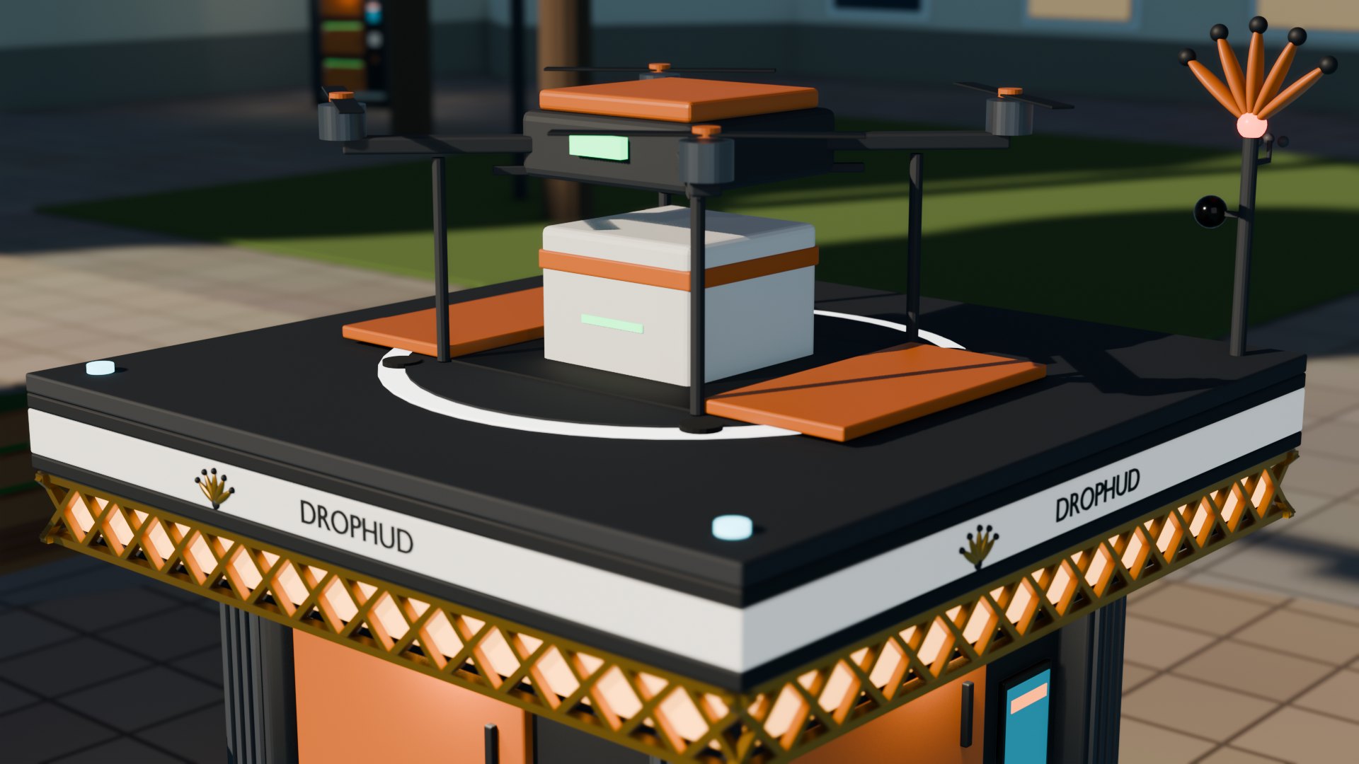Drophud box with its hatch open and a drone dropping a parcel