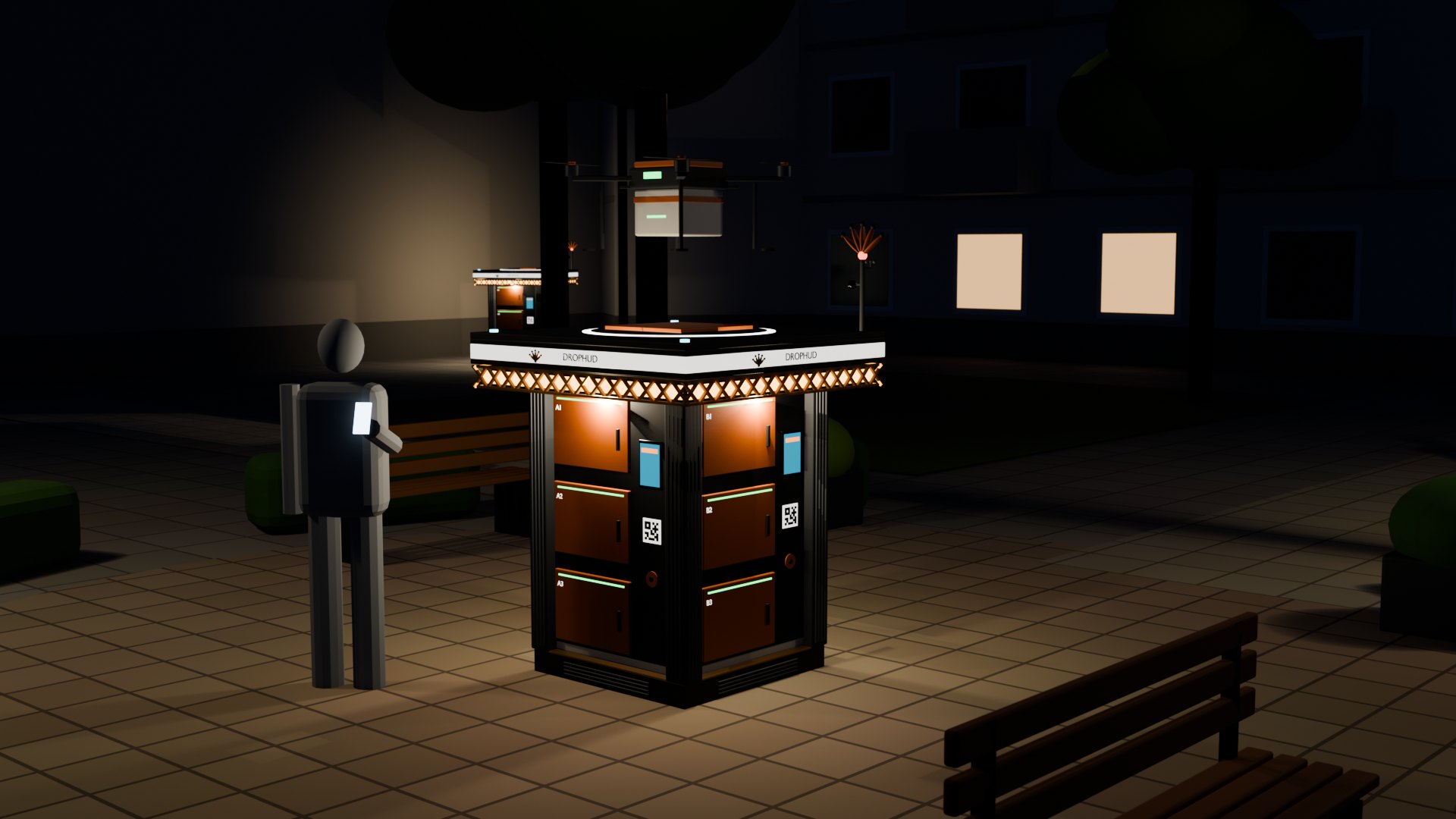 Drophud box lit at night in a courtyard